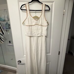 Sienna Sky | Off White Linen Smocked Top and Pants with Light Tan Stitching